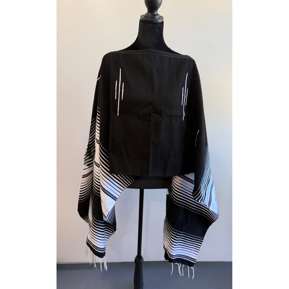 Mexican Poncho Black White Striped Geometric Woven Fringe Wrap Serape One Size